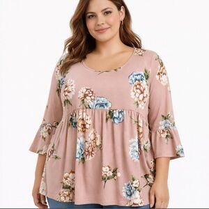 Women’s Babydoll Tunic soft knit Floral Pink 3x 3/4 Bell Sleeves Boho Emerald